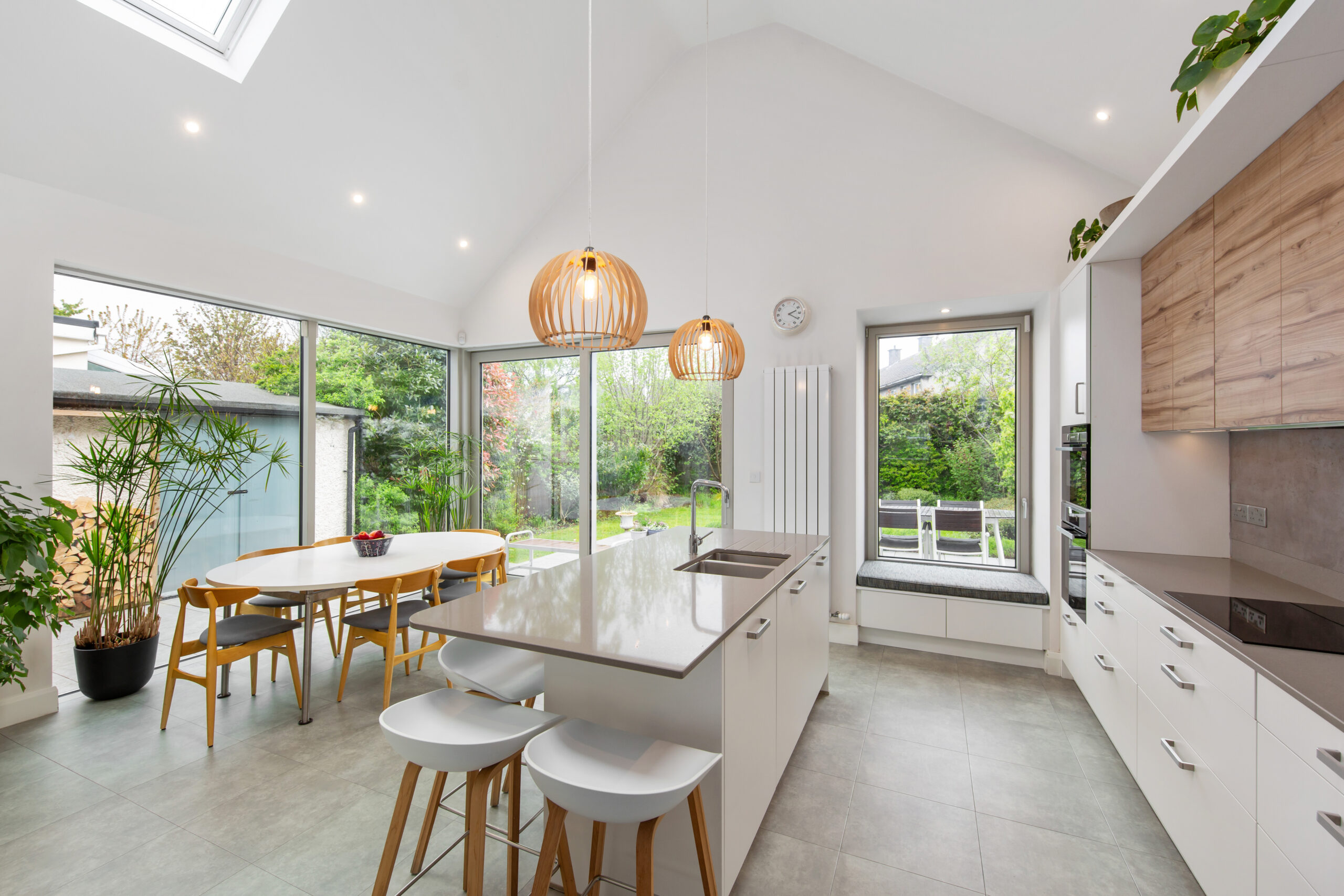New single storey extension to rear availing of light on 2 sides and from the vaulted ceiling roof lights 